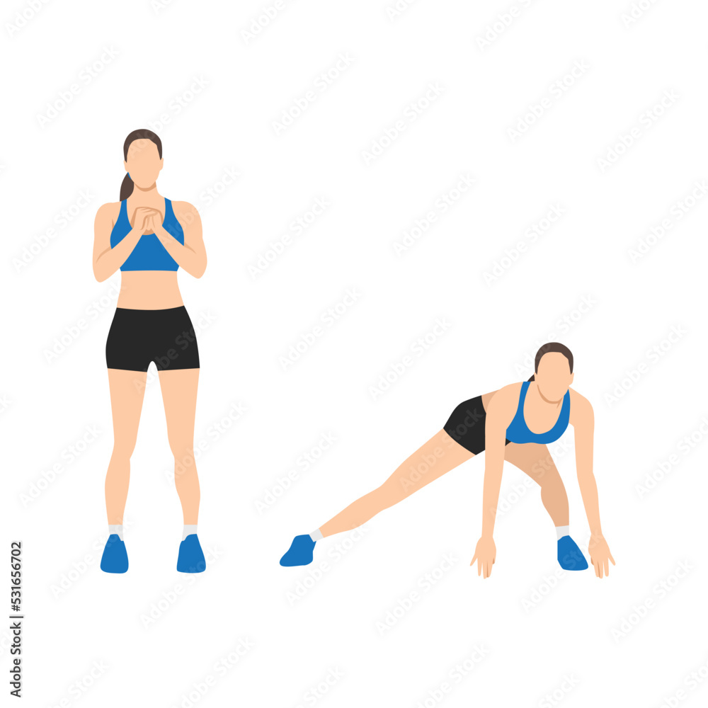 Woman doing Lateral lunges to floor touches exercise. Flat vector illustration isolated on white background Woman doing Lateral lunges to floor touches exercise. Flat vector illustration isolated on white background