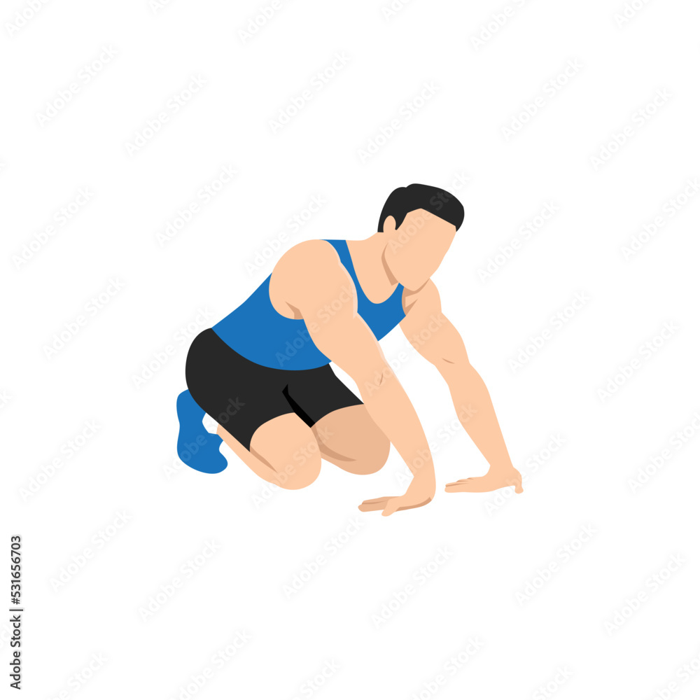 Man doing kneeling wrist or forearm stretch. Flat vector illustration isolated on white background - obrazy, fototapety, plakaty 