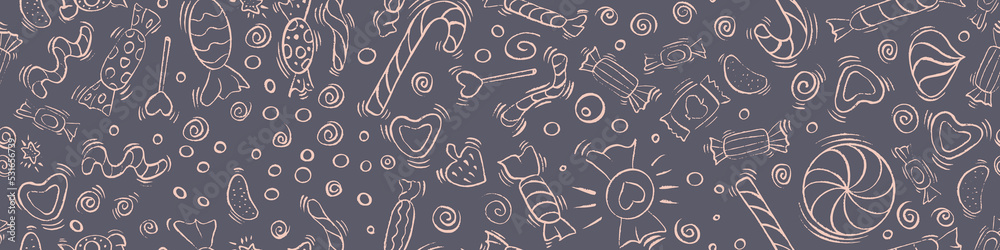 Seamless pattern with hand drawn chalk sweets. Doodle candies on dark gray background. Vector illustration.