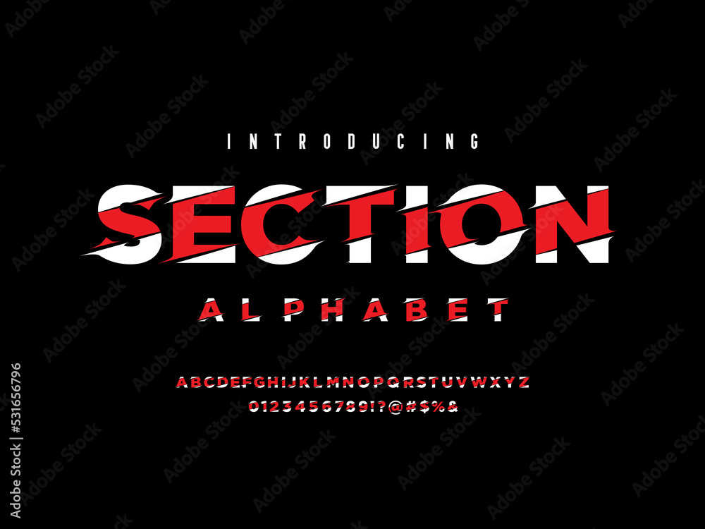 Vector of modern sliced style alphabet design with uppercase, numbers and symbols Stock Vector