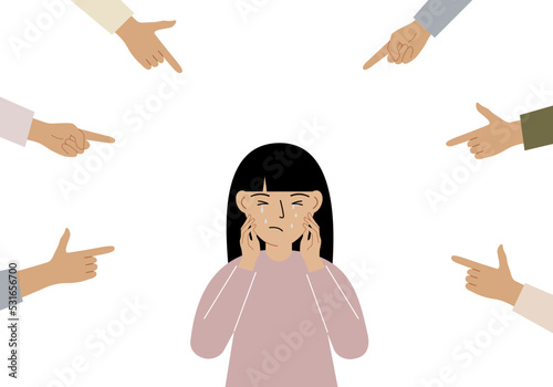 The concept of public condemnation, victim blaming and bullying. Crying depressed girl. The fingers point at the character and hate him. Internet cyberbullying.