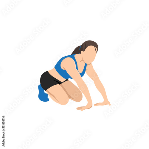 Woman doing kneeling wrist or forearm stretch. Flat vector illustration isolated on white background