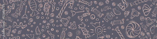 Seamless pattern with hand drawn chalk sweets. Doodle candies on dark gray background. Vector illustration.