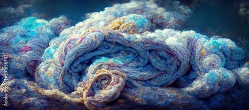 Abstract rainbow oil slick blue woolen felt arts and crafts cumulus clouds, thick twisted yarn and rough fiber texture - Dreamy and imaginative surreal summer thunderstorm craft. 