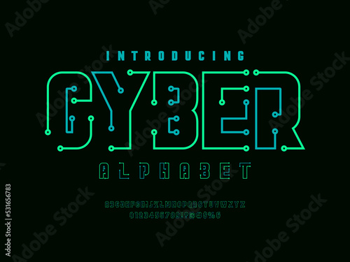 Vector of circuit board line dots alphabet design with uppercase, numbers and symbols
