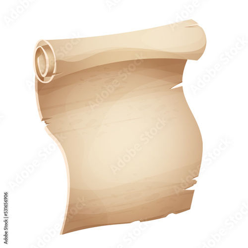 Parchment paper ancient old scroll, page empty medieval letter in cartoon style isolated on white background. Game asset, grunge frame, manuscript.