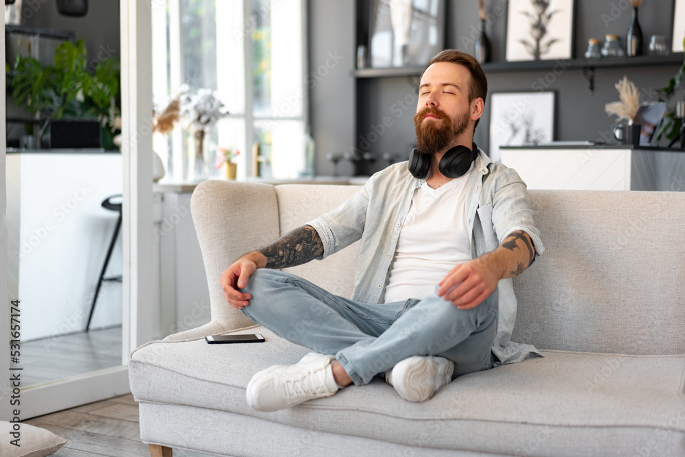 Bearded smiling handsome young man portrait alone at home Bearded smiling handsome young man portrait alone at home