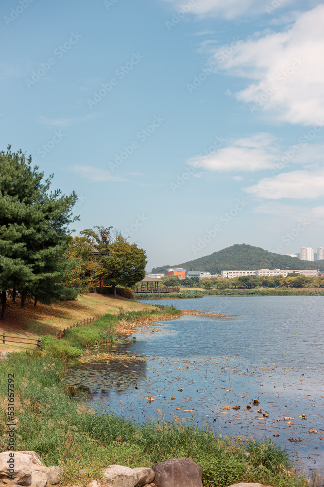 Hwarang Recreation Area park lake view in Ansan, Korea