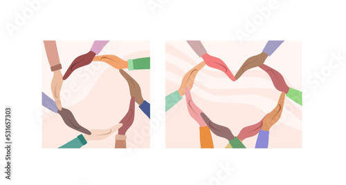 The concept of inclusion, equality and diversity. Multinational hands form a heart and a circle.