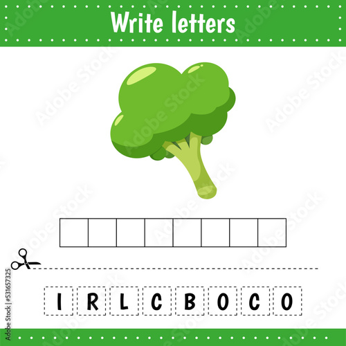Educational game for kids. Crossword broccoli. Guess the word. Education developing worksheet. Learning game for kids.