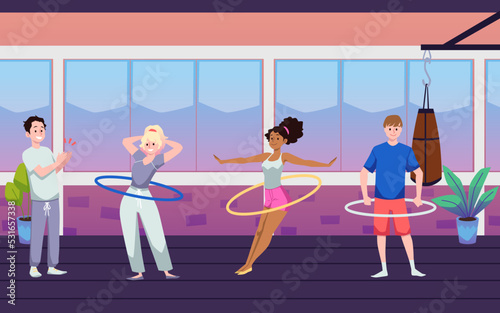 Hula hooping smiling people at fitness centre flat style