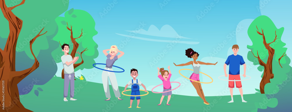 People men and women exercising with hula hoop outdoors, flat vector illustration. People men and women exercising with hula hoop outdoors, flat vector illustration.