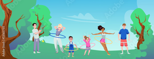 People men and women exercising with hula hoop outdoors, flat vector illustration.