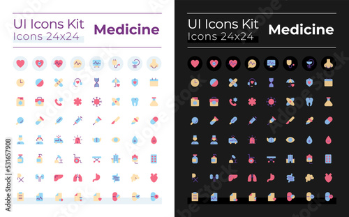Medicine flat color ui icons set for dark, light mode. Medical treatment. Drug packaging. Healthcare. GUI, UX design for mobile app. Vector isolated RGB pictograms. Montserrat Bold, Light fonts used