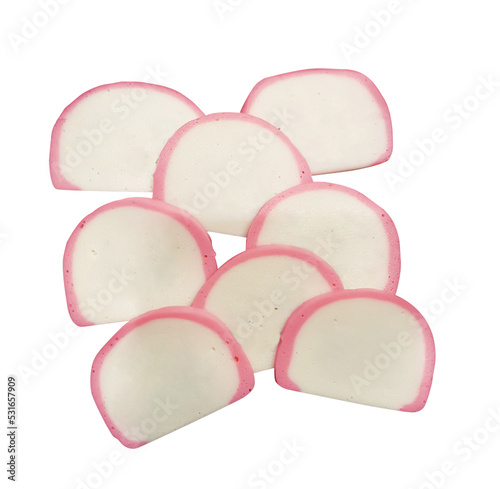 Group of sliced fish balls isolated on a white background, It's called Kamaboko in Japanese.