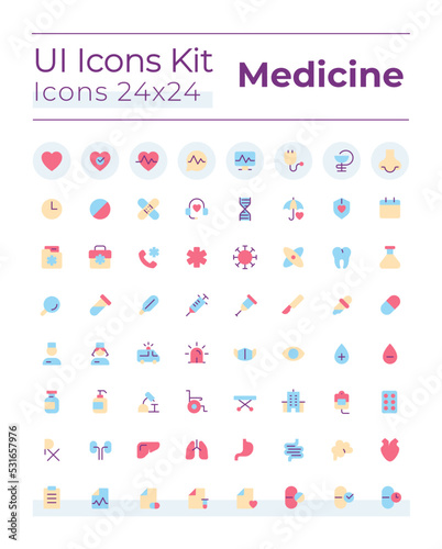 Medicine related flat color ui icons set. Healthcare. Hospital and clinic. Medical procedures. GUI, UX design for mobile app. Vector isolated RGB pictograms. Montserrat Bold, Light fonts used