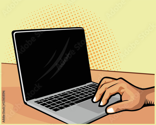 Browsing on laptop with single hand in retro pop art style