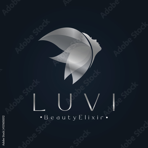 Woman beauty logo template with silver gradient emblem concept