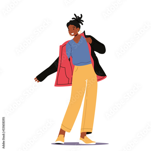 African Female Character Dressing Up Warm Coat. Woman Put on Winter or Autumn Clothes Prepare to go Outside