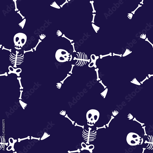 Halloween seamless pattern with dancing skeletons. Scary pattern, colorful Halloween print. Autumn skeleton wallpaper or party background with skulls - for fabric, for textiles, for wrapping paper.