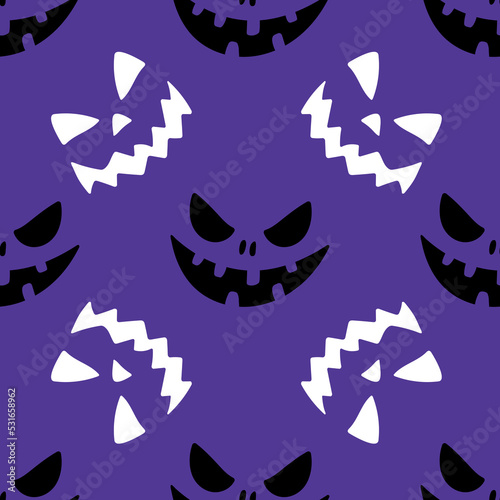 Scary pattern, colorful Halloween smirk print. Autumn wallpaper or party background with funny grins - for fabric, for textiles, for wrapping paper. Halloween seamless pattern with evil grins.