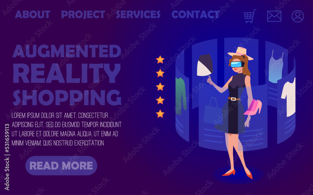 Fototapeta premium Woman using virtual reality glasses for choosing clothes, vector illustration.