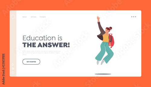 Back To School Concept For Landing Page Template. Happy Student Girl Jumping With Backpack On Shoulder