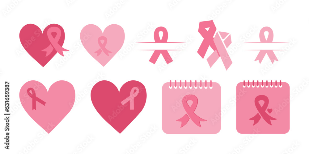 Set of pink ribbon and heart icons. Pink October, Breast Cancer Awareness sign and symbol. Awareness ribbons for Nursing Mothers, Birth Parents and Breast Reconstruction Awareness.