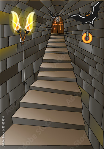 Long medieval castle corridor with torches