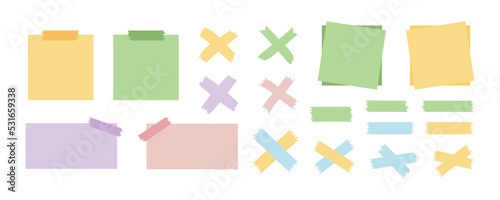Paper stickers and adhesive tape vector set. Decorative elements, office and school supplies, for collages and scrapbooking. Note papers and sticky tapes - stationery decorations.