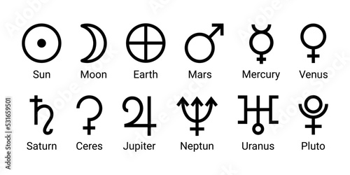 Set astrology and astronomy planet symbols. Outline icons, isolated on white background. Simple alchemy icons, glyphs of planets. Mystic planetary signs and symbols of ancient astrology and astronomy.