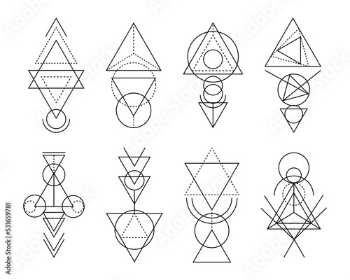 Set of sacred geometry linear shapes. Magical and mystical ornaments, decorative elements, doodle outline esoteric signs symbols for Tattoo, Mehendi and printing. Abstract mysterious shapes collection
