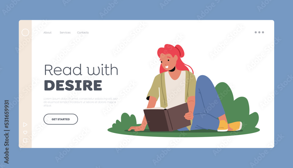 Fototapeta premium Learning, Education Concept For Landing Page Template. Young Woman Student Reading Book Prepare To Exam Or Make Homework