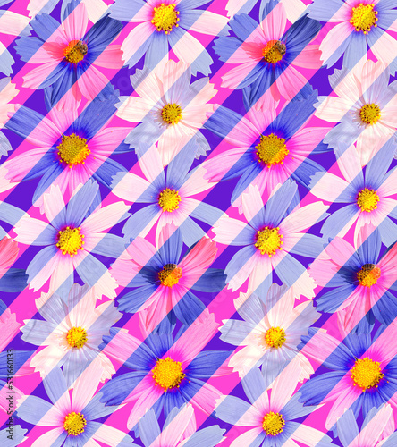 Abstract Real Calendula Daisy Flowers Diagonal Stripes Seamless Pattern Trendy Fashion Pattern Stylish Chic Colors Perfect for Allover Fabric Print