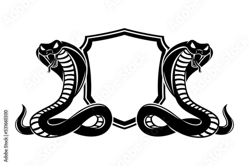 Two cobra snakes and a shield on a white background.