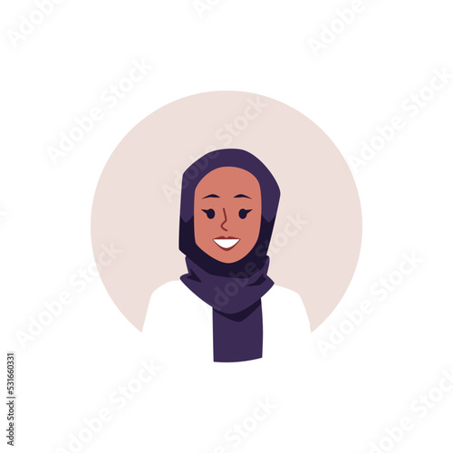 Muslim smiling woman in hijab portrait avatar, flat vector illustration isolated.