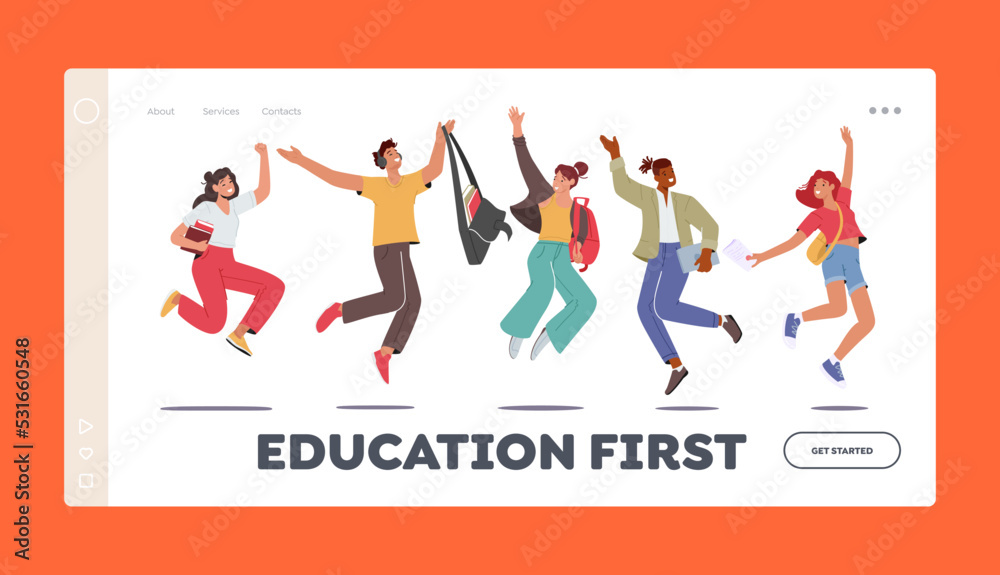 Back to School, Education Landing Page Template. Happy Students Characters Jumping with Backpacks and Textbooks Back to School, Education Landing Page Template. Happy Students Characters Jumping with Backpacks and Textbooks