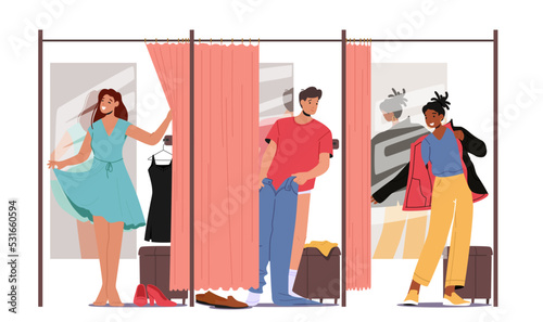 Men and Women Trying on Closes in Store Changeroom, Young People in Fitting Room, Male Female Characters Choose Apparel