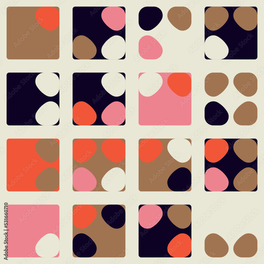 Modern vector abstract geometric background with circles, rectangles and squares in retro scandinavian style. Pastel colored simple shapes graphic pattern. Abstract mosaic artwork. Modern vector abstract geometric background with circles, rectangles and squares in retro scandinavian style. Pastel colored simple shapes graphic pattern. Abstract mosaic artwork.
