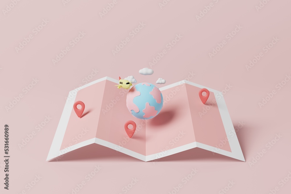 3D rendering plane flying on the globe and map with cloud on pink background. Travel around the world , business trip concept