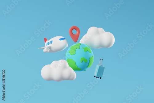 Plane flying in the air with cloud, suitcase, globe on blue background. Summer vacation, travel by airplane, Travel destination concept. 3d rendering