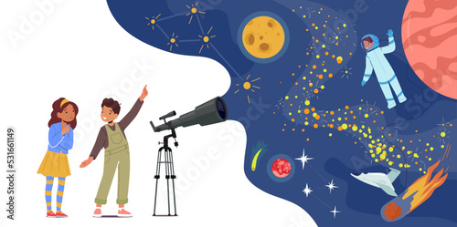 Little Boys and Girls Study Astronomy Science. Curious Children Look In Telescope, Kid Characters Observe Sky and Space