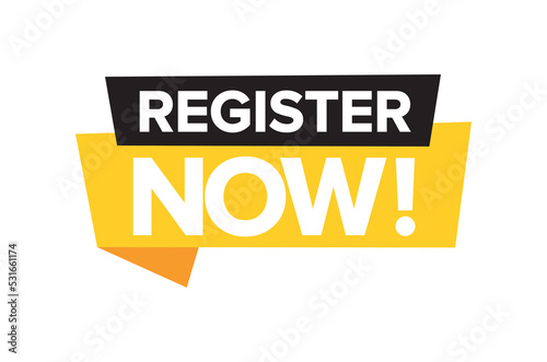 Vector Illustration Register Now Speech Bubble Label. Flat 10 EPS.