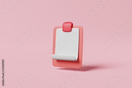 Pink clipboard with blank white paper sheet for note and checklist on pink background. Minimal business information notepad, notebook document board for task list report concept. 3d rendering