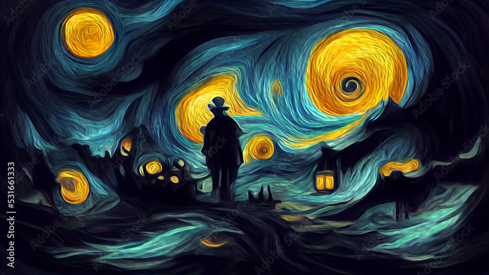 spooky halloween background  in style of van Gogh, digital art - obrazy, fototapety, plakaty 