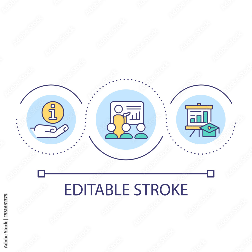 Educative seminar for employees loop concept icon. Corporate training. Project presentation abstract idea thin line illustration. Isolated outline drawing. Editable stroke. Arial font used