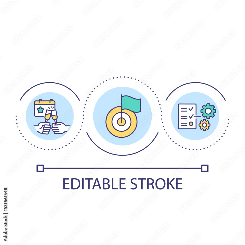 Obraz premium Goal achievement celebration loop concept icon. Business development strategy. Corporate party abstract idea thin line illustration. Isolated outline drawing. Editable stroke. Arial font used