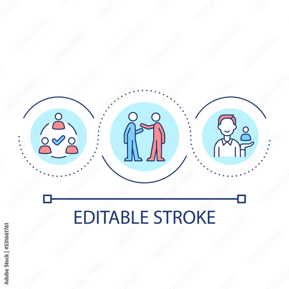 Build relationship in community loop concept icon. Communication skill. Business strategy abstract idea thin line illustration. Isolated outline drawing. Editable stroke. Arial font used