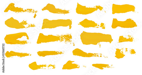 Set of high detail abstract acrylic yellow paint brush strokes, texture oil grunge isolated elements on white background
