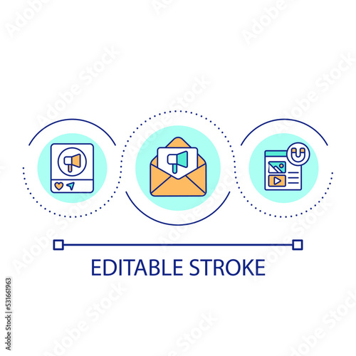 Email marketing loop concept icon. Product promotion online. Advertising campaign on internet abstract idea thin line illustration. Isolated outline drawing. Editable stroke. Arial font used